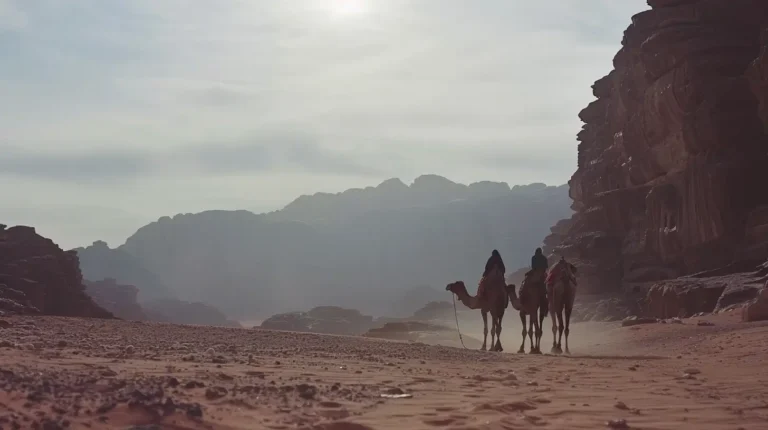 Two people are riding camels through a desert landscape with rocky formations on both sides. The sky is hazy, and the sun is partially visible through the clouds. Shadows are cast on the sandy ground as they progress, emphasizing the vast, rugged terrain—a perfect scene curated by an AI travel planner. - easytrip.ai