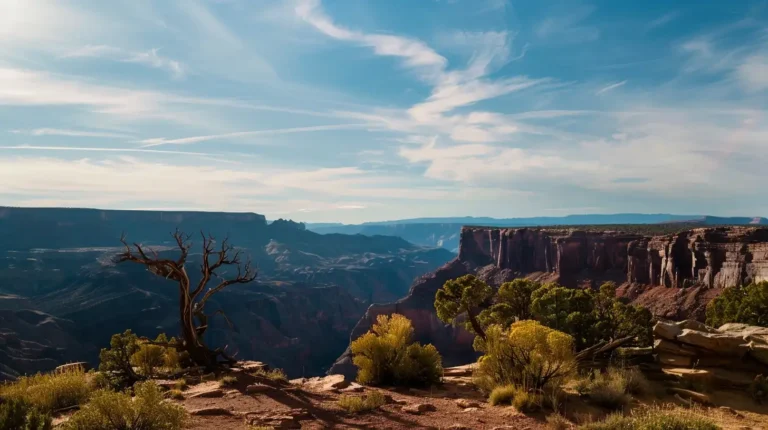 The image depicts a panoramic view of a canyon landscape under a blue sky with wispy clouds. A jagged cliff edge extends into the distance, with a gnarled, leafless tree in the foreground to the left. Sparse vegetation, including shrubs, grows on the rocky terrain—perfect inspiration for an AI trip planner's adventure suggestions. - easytrip.ai