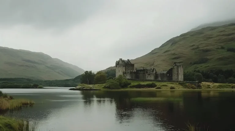 A serene landscape featuring a partially ruined castle situated on a small grassy hill beside a calm lake. Surrounding the castle are gently rolling hills covered in lush greenery. The sky overhead is overcast with dense, gray clouds, creating a moody and tranquil ambiance perfect for an AI trip planner's itinerary. - easytrip.ai