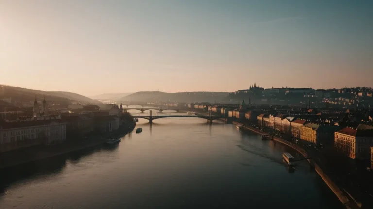 A panoramic view of a serene river running through a city at sunset, captured by an AI travel planner. Multiple bridges span the river, with historic buildings featuring red roofs on both sides. The horizon is filled with a soft, warm glow, and the clear sky adds a dreamy ambiance to the scene. - easytrip.ai