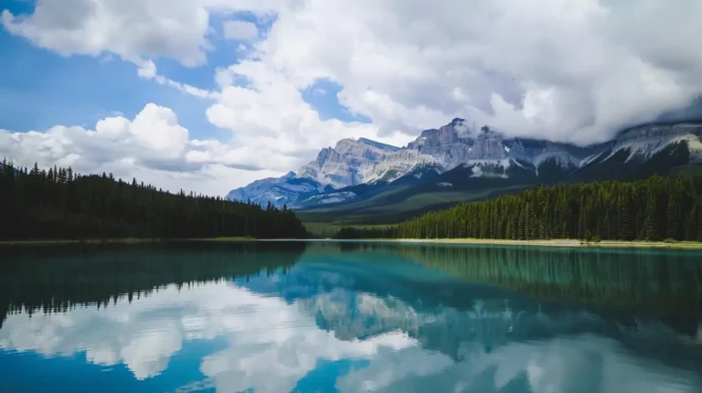 A tranquil lake reflects a dense pine forest and rocky mountain range under a partly cloudy sky. The mountains are partially obscured by clouds, creating a dramatic, serene scene. The clear blue water mirrors the sky and landscape, emphasizing the natural beauty perfect for an AI travel planner to include in any itinerary. - easytrip.ai