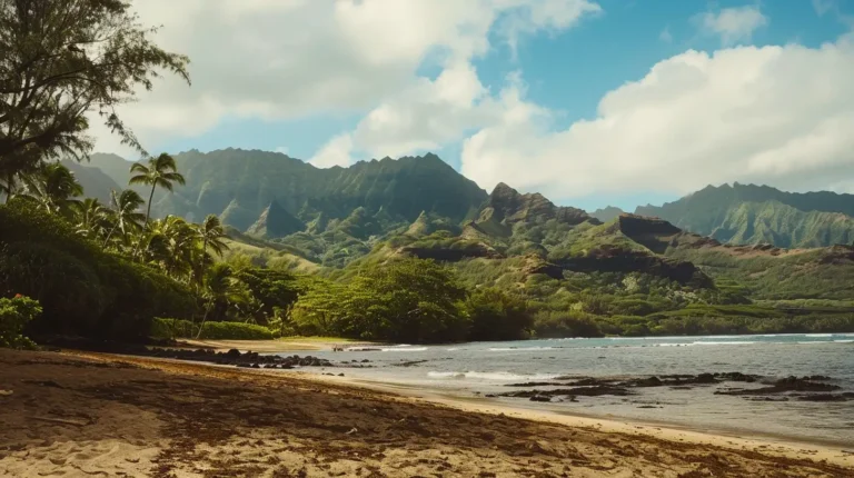 A serene beach scene showcases a pristine shore with golden sand leading to clear, gentle waves. Lush green vegetation and palm trees line the beach. Majestic, rugged mountains rise in the background under a partly cloudy blue sky, creating a picturesque and tranquil landscape perfect for an AI trip planner. - easytrip.ai