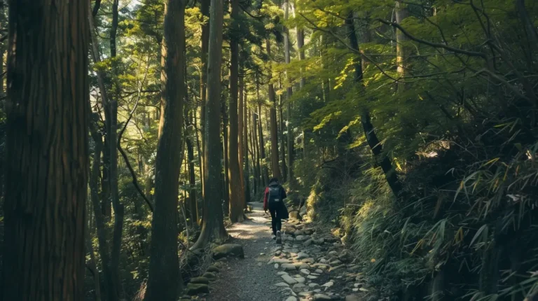 A person with a backpack walks on a trail through a dense forest with tall trees and dappled sunlight filtering through the foliage. The path, curated by an AI trip planner, is surrounded by greenery and partially shaded, creating a tranquil and serene atmosphere. Some rocks are visible on the trail. - easytrip.ai