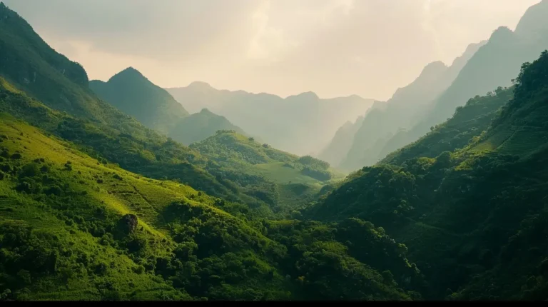 A picturesque landscape of verdant mountains and valleys, bathed in soft sunlight. Layers of green foliage cover the rolling hills, creating a lush, vibrant scene. The distant peaks are shrouded in mist, adding an ethereal quality to the natural beauty—ideal for an AI travel planner's next adventure. - easytrip.ai