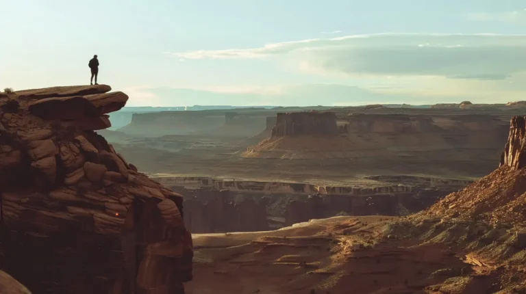 A person stands on the edge of a rocky cliff, overlooking a vast, rugged canyon landscape with mesas and buttes in the distance under a partly cloudy sky during sunrise or sunset. Using an AI travel planner, they've discovered this breathtaking vista that exudes solitude and awe at nature's beauty. - easytrip.ai