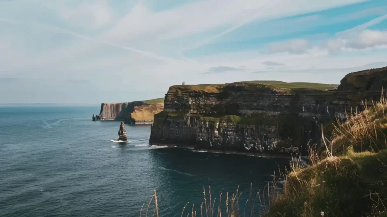 The image showcases the scenic Cliffs of Moher in Ireland on a clear day. The rugged, vertical cliffs rise sharply from the Atlantic Ocean, with lush green grass topping the cliffs. An AI trip planner would highlight the calm waters and bright blue sky, accentuated by a few scattered clouds that contribute to the serene atmosphere. - easytrip.ai