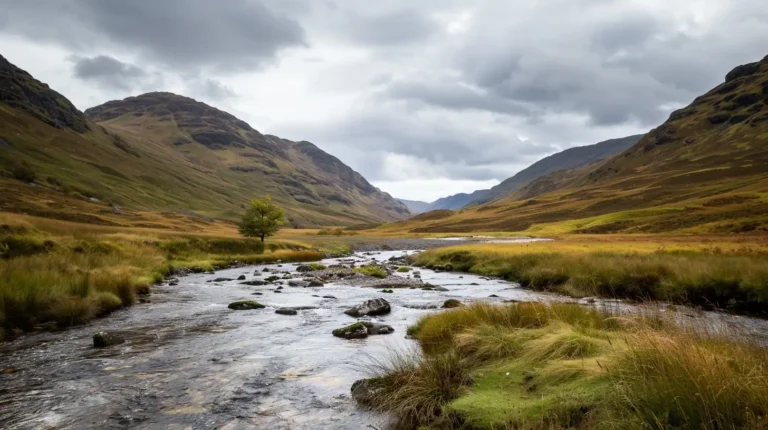 A scenic view of a narrow, winding river flowing through a lush grassy valley, flanked by rolling hills and steep, rugged mountains under a cloudy sky awaits. The vibrant greenery contrasts with the rocky riverbed, creating a serene and picturesque landscape perfect for an AI travel planner to include in your itinerary. - easytrip.ai