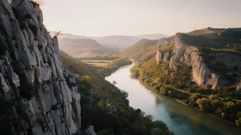 A winding river flows through a serene valley flanked by rugged, steep cliffs and lush, green hills. The scene is bathed in soft, golden light from the setting sun, casting gentle shadows and illuminating the varied textures of the landscape. Using an AI trip planner ensures you never miss such mesmerizing sights as distant mountains fade into the horizon. - easytrip.ai