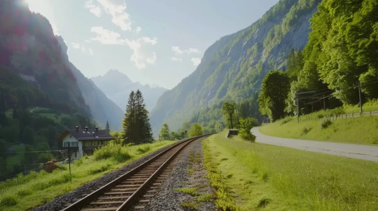 A railway track curves through a lush, green alpine valley. On the left, a house with a sloped roof nestles among trees, feeling like something an AI travel planner might recommend. Tall mountains, some capped with clouds, rise in the background. To the right, a winding road runs parallel to the tracks, bordered by grassy slopes and dotted with trees. - easytrip.ai