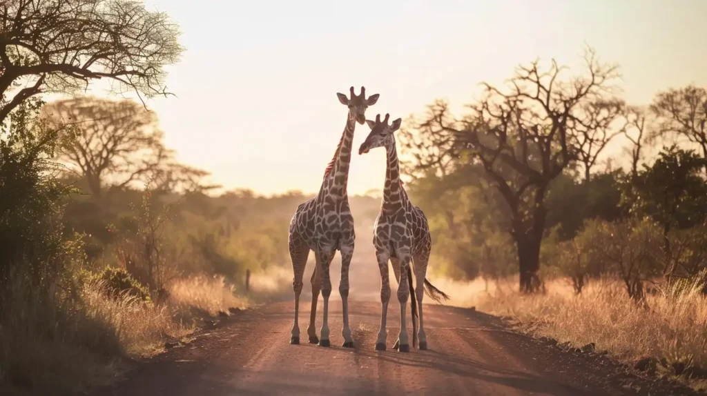 Two giraffes stand close together on a dirt road in an African savannah, with trees and shrubs lining the path. The sun is low, casting a warm, golden light, creating long, soft shadows and a serene atmosphere—a perfect scene for an AI travel planner crafting your dream safari adventure. - easytrip.ai