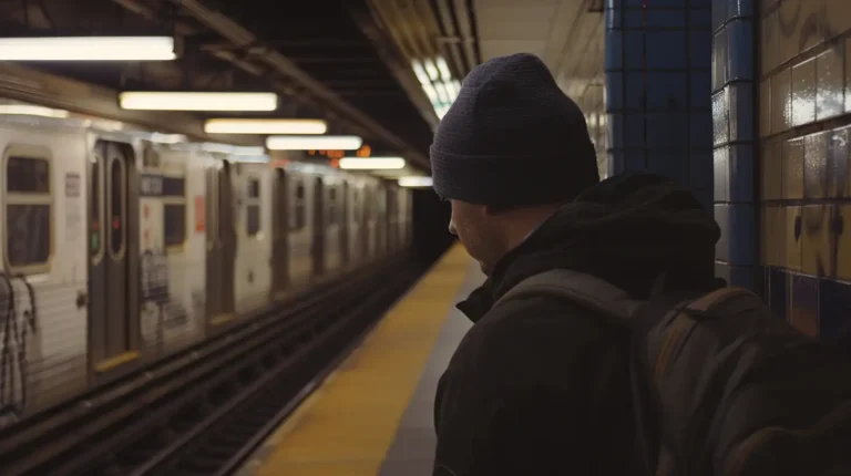 A person wearing a blue knit beanie and a dark jacket stands on a subway platform, facing away from the camera. They have a backpack on, likely filled with notes from their AI travel planner, and are looking at an oncoming train. The station is dimly lit, with tiled walls and fluorescent lights overhead. The train is partially in view. - easytrip.ai