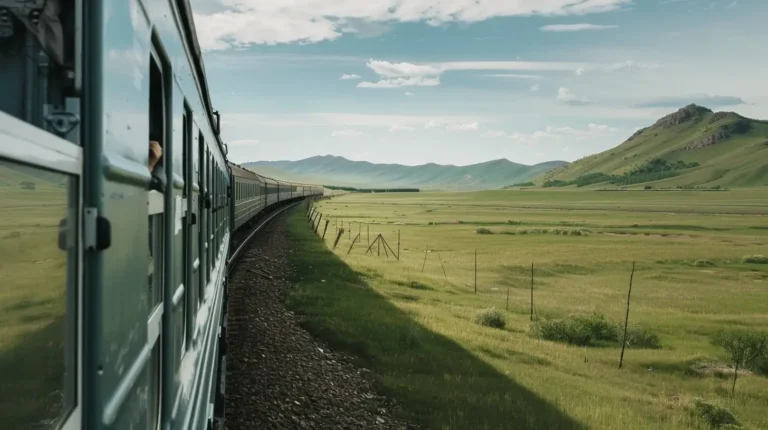 A green train curves along tracks through a vast, open landscape of grassy fields under a partly cloudy sky. In the background, there are distant, rolling hills and a lone mountain peak. The train is partially visible on the left side with windows reflecting the scenery—a perfect scene for an AI travel planner to include in your itinerary. - easytrip.ai