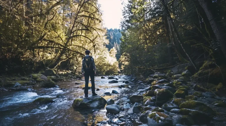 A person with a backpack stands on rocks in the middle of a shallow stream surrounded by dense forest. Sunlight filters through the tall trees, illuminating patches of the forest and reflecting on the water. Using an AI travel planner for such journeys could help discover hidden gems like this nature spot. - easytrip.ai