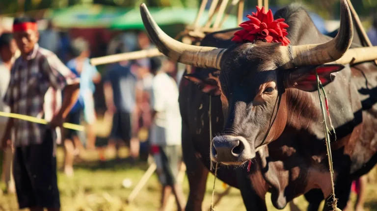 A close-up of an ox adorned with a red flower on its head, standing in an outdoor setting with blurred people in the background. The ox has large curved horns and is part of a traditional event or festival. This scenic spot, recommended by your AI travel planner, includes greenery and a bright, sunny ambiance. - easytrip.ai