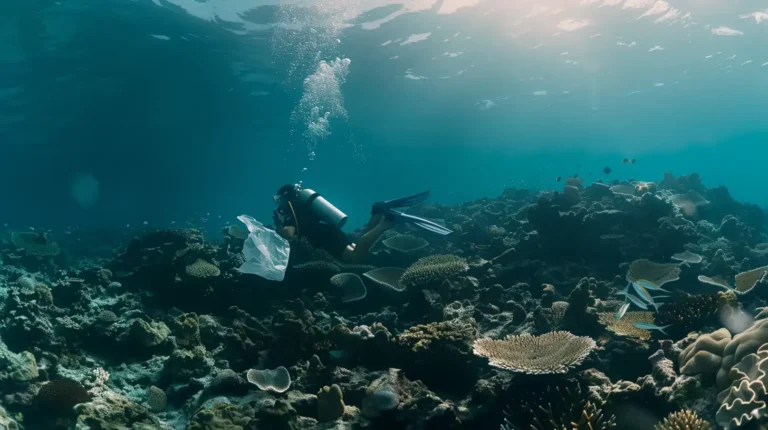 A scuba diver holds a white bag while picking up debris underwater in a vibrant coral reef. Sunlight streams through the water, illuminating the scene. Various corals and fish surround the diver, highlighting the reef's biodiversity. The ai travel planner can effortlessly integrate such eco-friendly activities into your itinerary. - easytrip.ai