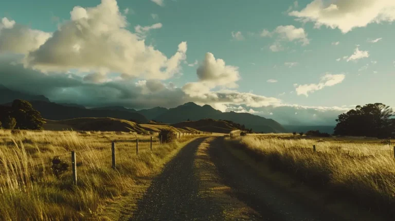 A gravel road winds through golden, grassy fields towards distant, sunlit mountains. The sky above is dotted with fluffy, white clouds, casting shadows on the landscape. Fences line both sides of the road, and trees dot the background, contributing to the serene, pastoral scene—an ideal route suggested by an AI travel planner. - easytrip.ai