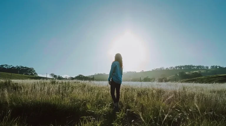 A person stands in a field of tall grass, facing away from the camera, with the sun setting behind them. They are wearing a light blue jacket and dark pants. The sky is clear, and the landscape is dotted with trees and rolling hills in the distance, as if an AI travel planner designed this serene escape. - easytrip.ai