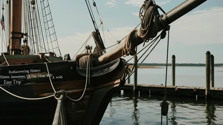 A wooden sailing ship docked at a quiet pier on a clear day. The ship's bow, ropes, and rigging are prominent, with "Rediscovering History: Historic Jamestown, VA Day Near" partially visible text on its side. An AI trip planner could enhance this serene journey back in time. Calm water and an empty pier with pilings are in the background. - easytrip.ai