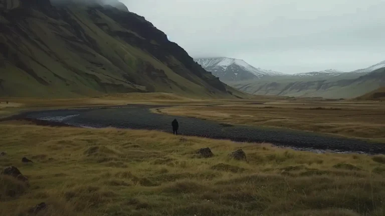 A lone figure stands in a vast, grassy valley with a river running through it. To the left, a tall, fog-covered mountain with sharp, dark cliffs dominates the landscape. Snow-capped mountains are visible in the background beneath an overcast sky. The terrain is rugged and serene—perfect for an AI travel planner to spotlight. - easytrip.ai