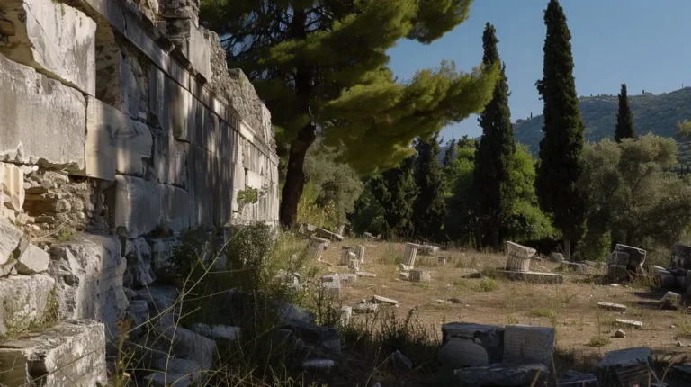 Ancient stone ruins lie scattered in a sunlit, overgrown area with tall grass and scattered shrubs. The remains of a stone wall stand on the left, while tall cypress and pine trees rise against a clear blue sky in the background, with distant hills also visible—perfect for an AI trip planner to add to your itinerary. - easytrip.ai