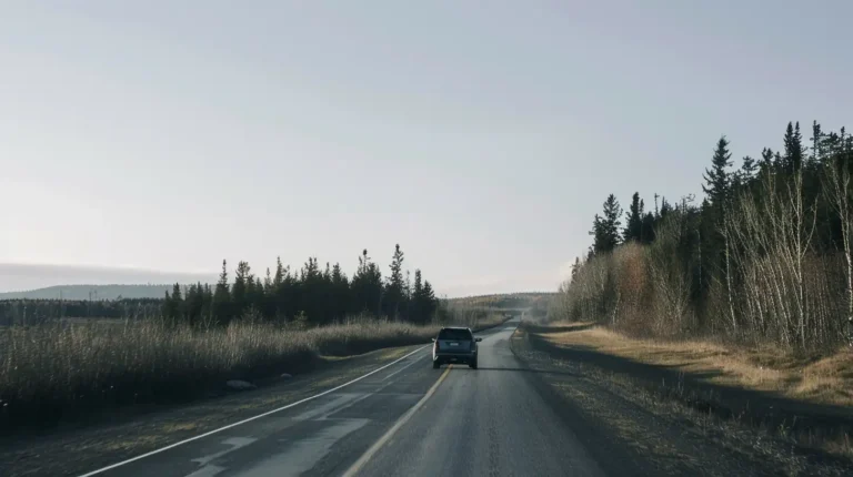 A lone car drives on an empty, two-lane highway flanked by tall, sparse conifer trees and dry, grassy fields under a clear, pale blue sky. The road stretches straight ahead into the horizon, giving a sense of isolation and tranquility in a rural landscape—perfect for an AI travel planner to map out. - easytrip.ai