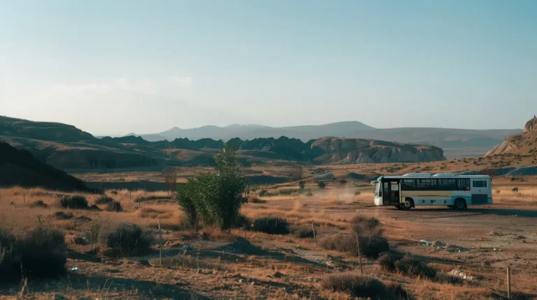 A white and blue bus travels on a dirt road in a vast, barren landscape with scattered bushes and dry grass. Rugged hills and rocky formations are visible in the distance under a clear blue sky. Dust trails behind the bus, highlighting the arid conditions of the area—an ai trip planner's ideal off-the-beaten-path destination. - easytrip.ai