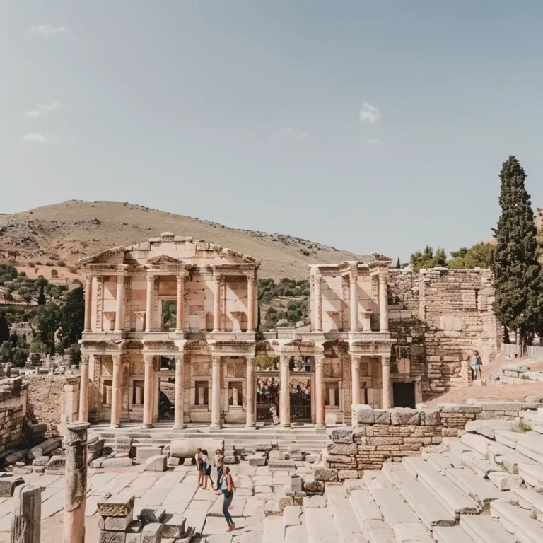 The image shows the ancient Library of Celsus in Ephesus, Turkey. The stone structure features tall columns and arches, framed by a vast mountainous landscape in the background. Tourists walk and explore the ruins in the foreground under a clear, blue sky—a perfect destination recommended by any AI trip planner. - easytrip.ai