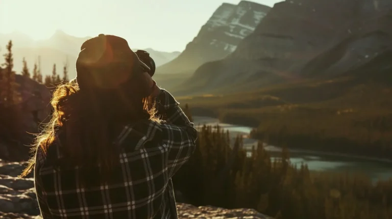 A person with long hair and a beanie, wearing a plaid shirt, is seen from the back while taking a photo of a mountain landscape at sunset. The sun creates a lens flare, illuminating the river and dense forest below the snow-capped peaks. Capturing moments like these could inspire an AI travel planner for your next adventure. - easytrip.ai