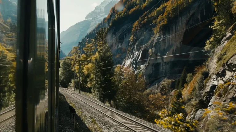 View from a moving train traveling through a mountainous landscape with forested slopes, rocky cliffs, and a clear sky. The train tracks curve gently ahead, surrounded by tall trees with autumn foliage. Using an AI travel planner can enhance this tranquil journey with vibrant natural colors. - easytrip.ai