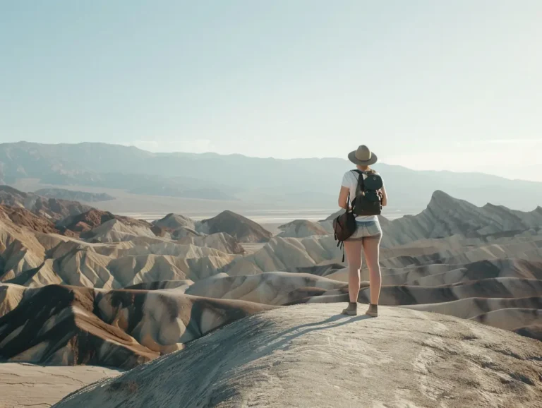 A person in a hat, backpack, shorts, and t-shirt stands on a rock, gazing at an expansive desert landscape with layered formations and distant mountain ranges under a clear blue sky. Using an AI travel planner, they’ve meticulously mapped out this stunning itinerary. The sunlight casts shadows accentuating the ridges and texture of the terrain. - easytrip.ai