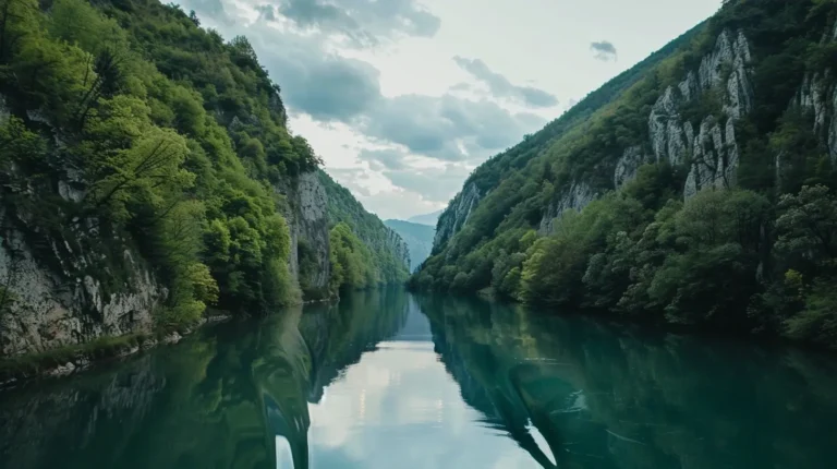 A serene river nestled between two lush, green mountain ridges. The water is calm and reflects the surrounding landscape and cloudy sky, lending a mirror-like appearance. The mountains are covered in dense foliage, with occasional rocky outcrops. It's an idyllic spot perfect for your AI travel planner to include in your itinerary. - easytrip.ai