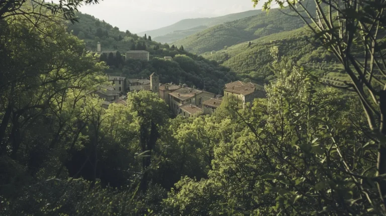 A lush, green valley filled with dense trees and vegetation is the perfect backdrop for an adventure planned by our AI travel planner. Nestled within this greenery is a small village with rustic buildings featuring red-tiled roofs. Rolling hills stretch into the distance under a hazy, overcast sky, adding depth and serenity to the scene. - easytrip.ai