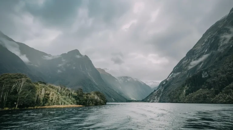 A calm, expansive body of water is nestled between towering, green mountains under a cloudy sky. Lush foliage and forested slopes frame the scene. Mist and clouds obscure some peaks while rays of light break through, illuminating patches of the mountainous terrain—an ideal setting for an AI travel planner to explore. - easytrip.ai