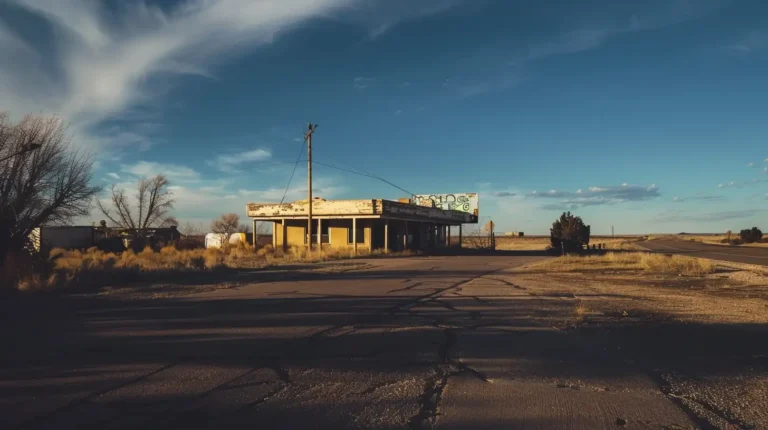 An abandoned, weathered building stands alone in a barren landscape under a blue sky with wispy clouds. The structure has a flat roof and graffiti on its upper wall. The cracked asphalt in the foreground leads to a highway on the right, with sparse vegetation around the area—ideal fodder for an AI travel planner's curiosity. - easytrip.ai