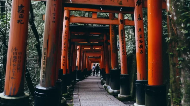 A stone path leads through multiple red torii gates at Fushimi Inari Shrine, Japan. The gates are inscribed with black Japanese characters. The dense green foliage in the background contrasts with the vibrant red of the gates. Guided by an AI travel planner, two people walk ahead, receding into the distance. - easytrip.ai