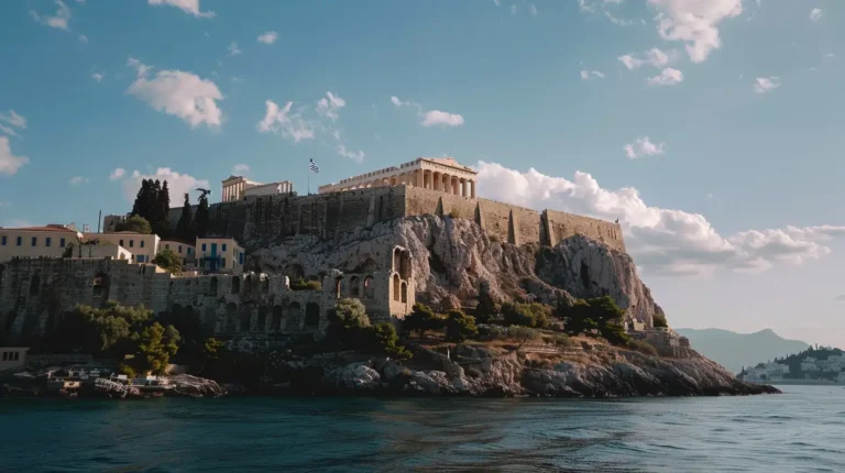 A majestic view of the Acropolis in Athens, Greece, atop a rocky hill with ancient ruins, including the Parthenon. The hill is surrounded by a clear blue sky with scattered clouds. The lower part of the image shows the calm blue waters of the Aegean Sea. Vegetation and trees dot the landscape, as if planned by an AI travel planner. - easytrip.ai