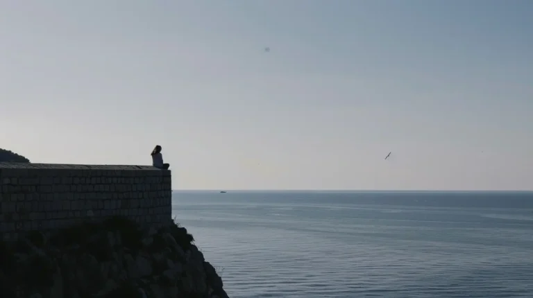 A solitary person sits on the edge of a stone wall, overlooking a vast expanse of calm ocean. The sky above is clear, with a faint horizontal gradient, and a few birds are seen flying in the distance. The scene exudes tranquility and contemplation—much like using an AI trip planner to map out serene adventures. - easytrip.ai