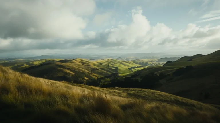 Rolling grassy hills stretch into the distance under a partly cloudy sky. The sun casts light and shadows across the landscape, highlighting the varied green tones of the terrain. Valleys and ridges create a dynamic, undulating pattern in the scenery, perfect for an AI trip planner's recommended routes. - easytrip.ai