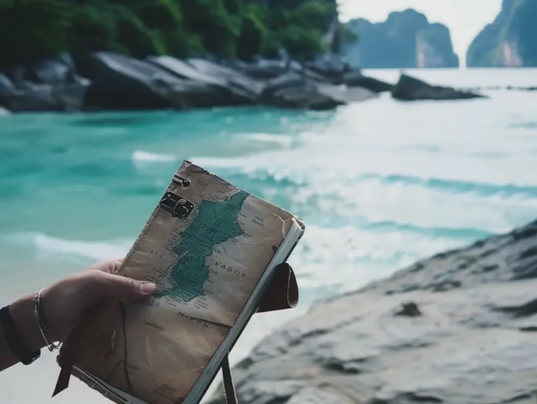 A person holds a journal with a map on its cover at a beach with turquoise water. The sandy shore and rocky outcrops are visible in the background, along with lush green foliage. Distant cliffs rise from the water, creating a serene, tropical scene beneath a partly cloudy sky, perfect for an AI travel planner. - easytrip.ai