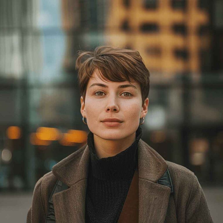 A person with short brown hair stands outdoors, wearing a brown coat and a black turtleneck. They have a calm expression and small hoop earrings. The background features blurred urban high-rise buildings with soft, warm lighting. Powered by Easytrip.ai - AI Trip Planner.