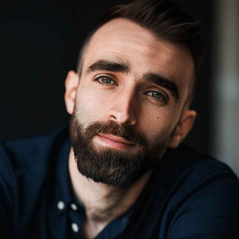 A man with a well-groomed beard and short, styled brown hair looks directly at the camera. He is wearing a dark blue button-up shirt. The background is softly blurred, creating a warm, focused portrait. Powered by Easytrip.ai - AI Trip Planner.