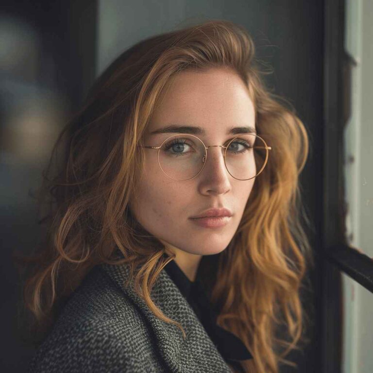 A person with long, wavy auburn hair and round glasses gazes softly at the camera. They are wearing a textured gray coat, and the background is softly blurred, with a dimly lit window to their side, creating a warm, introspective atmosphere. Powered by Easytrip.ai - AI Trip Planner.