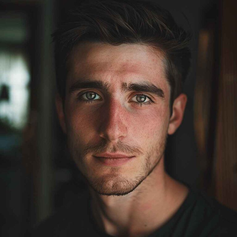 Close-up of a young man with short brown hair and a short beard, looking directly at the camera. The lighting highlights his green eyes and facial features against a dark, blurred background. He wears a dark green shirt, and there's a soft, natural light illuminating his face. Powered by Easytrip.ai - AI Trip Planner.