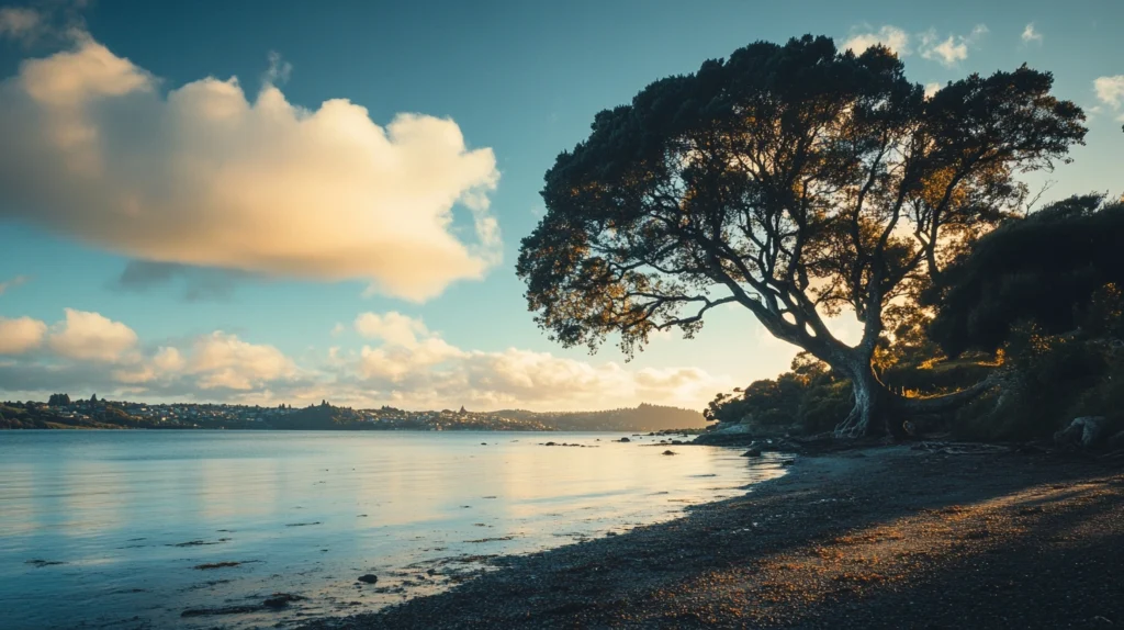 chill and amazing view of a lake in Auckland, New Zealand. discovered with a travel itinerary template