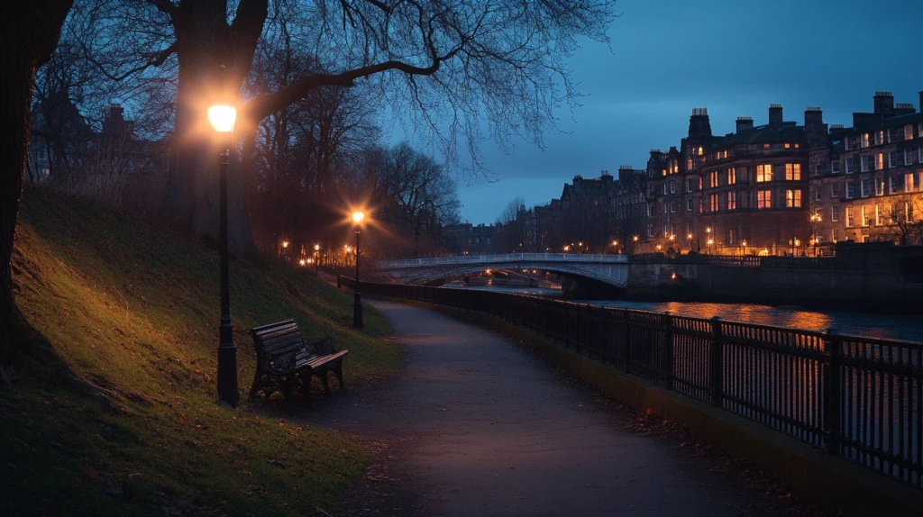 a lovely and romantic view of Edinburgh at night, explored by a solo traveler in Scottish highlands