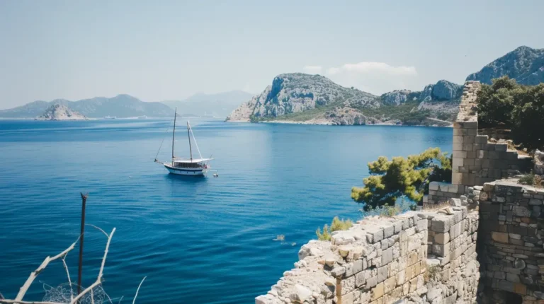 A serene coastal scene featuring a calm, deep blue sea with a sailboat floating nearby. Rocky, green-covered cliffs and mountains frame the distant shoreline under a clear, bright sky. A weathered stone wall occupies the right foreground, adding historic charm to this picturesque landscape planned by an AI travel planner. - easytrip.ai