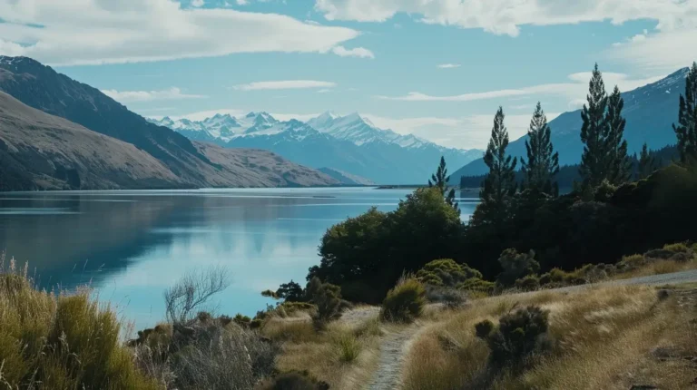 A serene mountain lake surrounded by rugged terrain and lush greenery. Snow-capped peaks rise in the distance beneath a partly cloudy sky. Tall pine trees dot the shoreline, and a winding dirt path leads through the grassy foreground, inviting exploration—perfect for an AI travel planner to include in your itinerary. - easytrip.ai