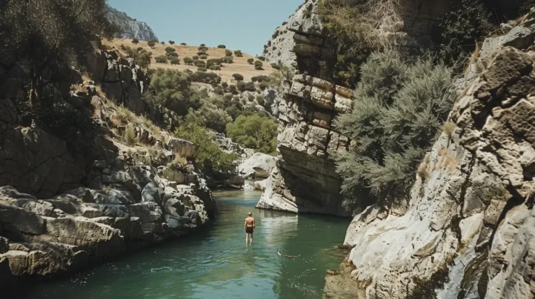 A lone person stands on a narrow stone path surrounded by water in a rocky canyon. The clear water reflects the rugged cliffs dotted with patches of greenery. In the background, a dry, hilly landscape with sparse shrubbery is visible under a clear blue sky, perfect for an AI travel planner recommendation. - easytrip.ai