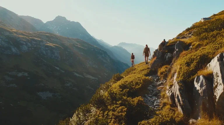 A group of four hikers walk along a narrow, rugged trail on a mountainside under clear skies. The golden light of the setting sun illuminates the grassy slope. The background features layers of misty, green and rocky mountain peaks, creating a picturesque, serene landscape planned by Easytrip.ai - AI trip planner free tool.