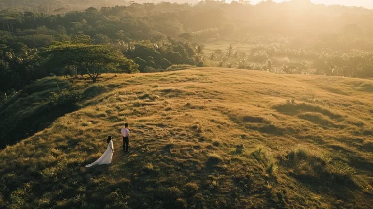 An aerial view of a couple standing on a sunlit grassy hill during sunset, perfect for an AI trip planner's itinerary. The woman, in a white dress, faces the man in a light shirt and dark pants. Surrounding them are expansive fields of grass, shaded areas, and distant trees under the golden sky. - easytrip.ai